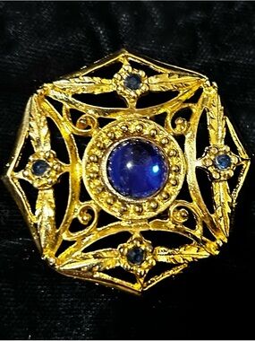 Gold-Tone Blue Cabochon Floral Brooch - Women Jewelry